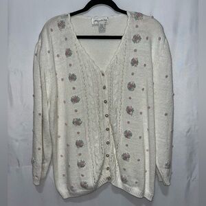 Vintage Plus Size 22 White Knit Floral Cardigan Sweater Embroidered Pink Cottage
